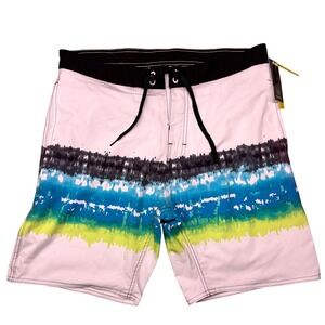 Burnside Board‎ Shorts Men 32 White Blue Tie Dye Stripe Stretch Swim Trunks NWT